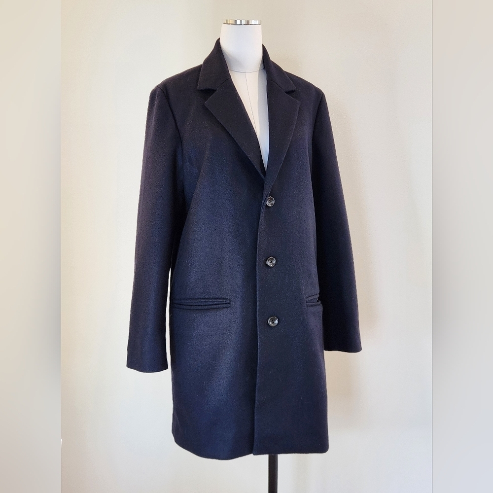 || A.P.C || mens wool coat, over coat, single breasted, navy blue, size medium